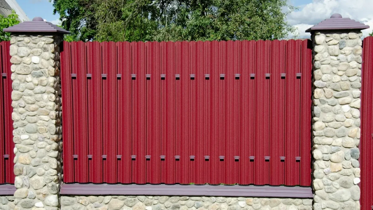 ogrodzenie z czerwonych sztachet metalowych